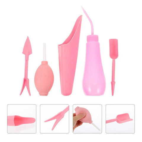 Succulent Planting Kit For Pots And Bonsai Care 5 Piece Pink Garden Tool Set with trowel, spade, fork, tweezers and watering bottle