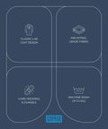 Infographic highlighting unisex button front lab coat with roomy fit features: classic design, durable fabric, machine washable.