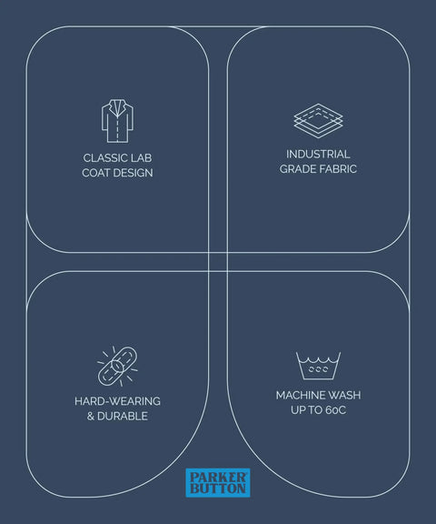 Infographic highlighting unisex button front lab coat with roomy fit features: classic design, durable fabric, machine washable.