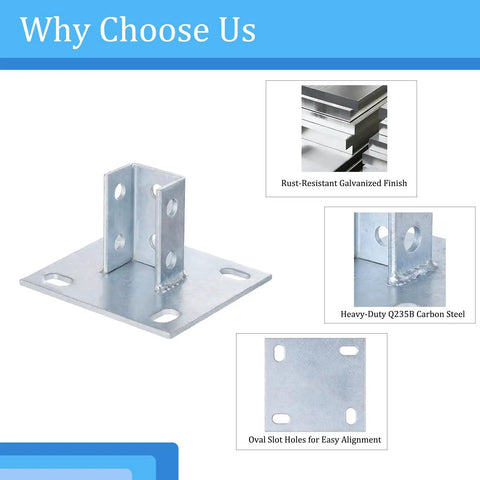 8 Pack 1 5/8 Inch Square Strut Channel Post Bases With U Shaped Floor Mount, close-up showing galvanized carbon steel and slotted holes