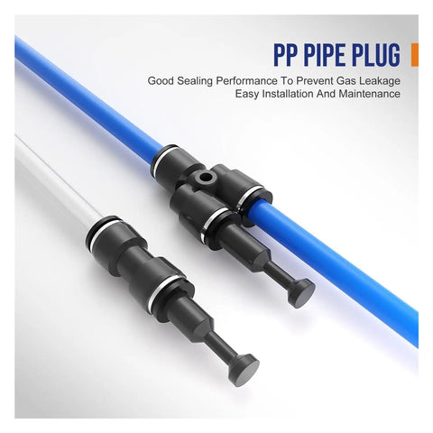 Get A Boss Level 60Pcs Push To Connect Kit With Brass Quick Couplers In 1/4 And 3/8 Inches That Slaps On Air Hoses Instantly For Compressors Without Tools, black PP pipe plug on blue tube
