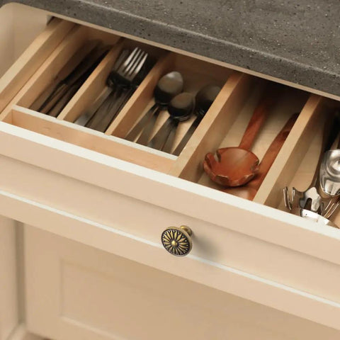 Drawer with Vintage Antique Brass Sunburst Cabinet Knob set of 6 with distressed floral design for kitchen cabinets in zinc alloy hardware.