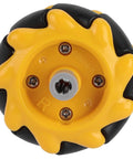 Mecanum wheel for geared motor; yellow plastic wheel with black rubber tire, 48mm diameter, center shaft bore
