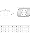Diagram of 160 Piece Hammer Head T Slot Nut Kit For Aluminum Profiles M3 M4 M5 Drop In Nuts with measurements and specifications