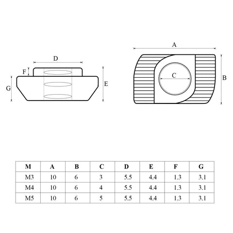 Diagram of 160 Piece Hammer Head T Slot Nut Kit For Aluminum Profiles M3 M4 M5 Drop In Nuts with measurements and specifications