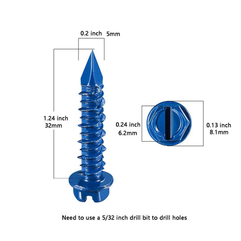 Badass Heavy Duty 100 Pack Slotted Hex Concrete Screws 3/16 By 1-1/4 Inch Blue Hexagon head with size dimensions.