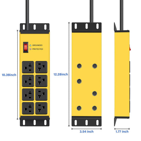 Beefy Magnetic Power Strip With 8 Outlets, 6Ft Cord, Yellow, 20A Switch, Grounding Protection, 4800J Surge, NEMA 5-15P Plug, Built For Garage And Workshop Use, front view