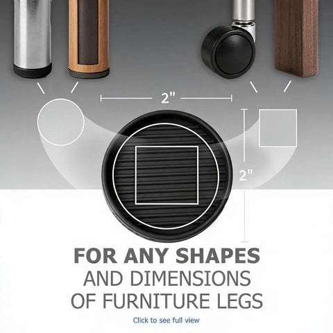 Twelve Piece Heavy Duty Rubber Furniture Pads, 2 Inch Anti Skid Coasters To Lock Down Couches And Tables, Tight Grip Floor Protectors shown with varied furniture leg shapes.