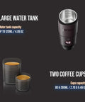 Portable Espresso Maker For Ground Coffee And NS Capsules shown with large water tank and two coffee cups.