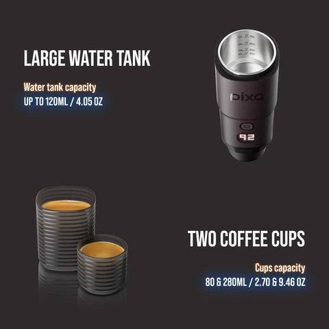 Portable Espresso Maker For Ground Coffee And NS Capsules shown with large water tank and two coffee cups.