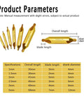 Built Tough Six Piece Center Drill Bit Set With Heavy Duty Auto Center Punch Boasting TiAln Coated Cobalt M2 Steel dimensions chart.