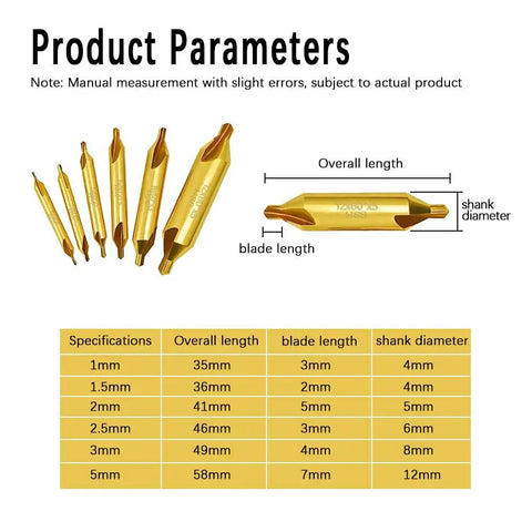 Built Tough Six Piece Center Drill Bit Set With Heavy Duty Auto Center Punch Boasting TiAln Coated Cobalt M2 Steel dimensions chart.