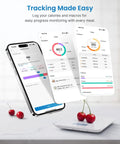 Smart Food Scale With Nutritional Calculator And App Sync For Macro Keto Calorie Tracking next to smartphone displaying app interface
