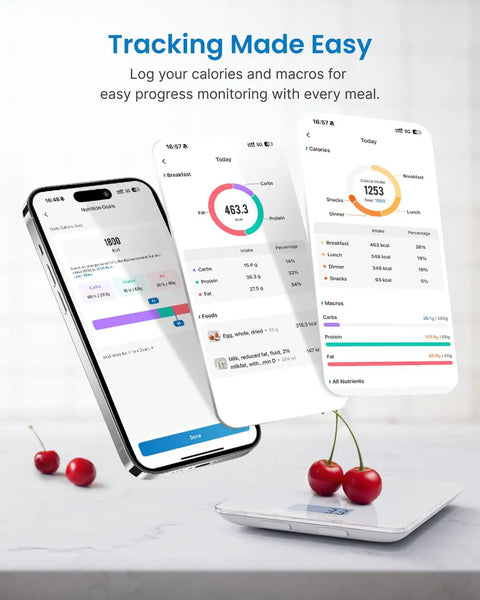 Smart Food Scale With Nutritional Calculator And App Sync For Macro Keto Calorie Tracking next to smartphone displaying app interface