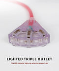 Close-up of lighted triple outlet on Retractable Extension Cord Reel With 65 Feet Of 12 AWG Heavy Duty Power Cord 15 Amp Breaker.