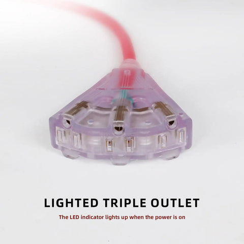 Close-up of lighted triple outlet on Retractable Extension Cord Reel With 65 Feet Of 12 AWG Heavy Duty Power Cord 15 Amp Breaker.