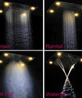 Straight Up Premium Recessed LED Ceiling Rainfall Shower System With Handheld Spray And Heavy Duty Stainless Steel Antique Brass Finish For Your Modern Bath Setup featuring four spray modes.