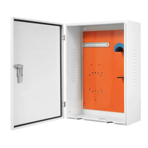 Top Shelf EV Charger Protection Box Built Tough For Indoor And Outdoor Use All Weather Wall Mount Case interior view with orange panel.