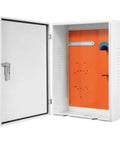 Top Tier Outdoor EV Charger Wall Box With Combo Lock Weather Shield Covers Tesla Byd And Xiaopeng EV Systems open view showing sturdy white housing and orange interior.