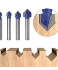 Front view: four blue-coated 90° V-groove router bits with 1/4" shanks; diameters from 1/4" to 1/2".