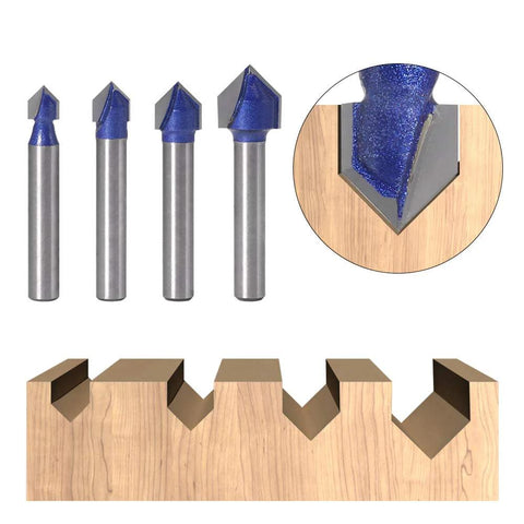 Front view: four blue-coated 90° V-groove router bits with 1/4" shanks; diameters from 1/4" to 1/2".