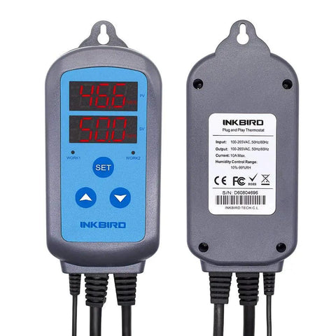 Front and back view of Humidity Controller and Humistat for Greenhouse, Two Stage Humidifier and Dehumidifier with digital display.
