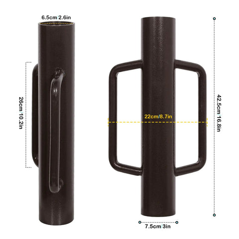Beefy Heavy Duty Fence Post Driver With Two Handles Steel Head 16.8 Inch T Post Rammer Brown Post Pounder front and side view