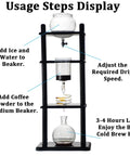 Next Level Cold Brew Coffee Maker Tower With Adjustable Drip Flow And Premium Glass Carafe For Zero Stress Iced Coffee Brewing At 1000 Ml Capacity usage steps display diagram.