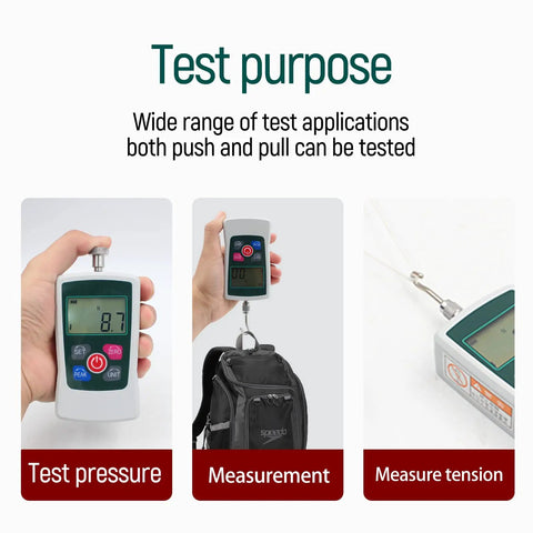 Digital Pro Grade Force Gauge Push and Pull Tester 500N Max With Four Units N Kg Lb Oz Auto Backlight And Buzzer Alarm 1 Percent Accuracy Real Time Peak First Peak Modes Built For Real World Use, hand-held testing backpack tension