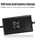 36V Battery Charger With Automatic Battery Tracking And Auto Shutoff, shown flat with power cables visible.