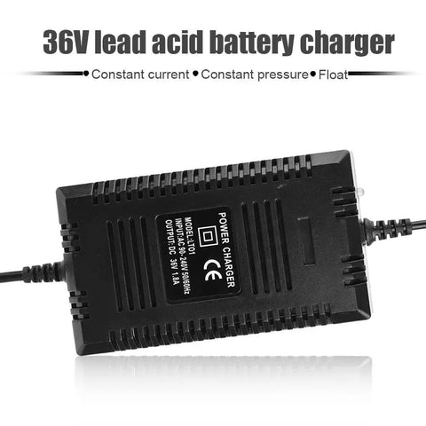 36V Battery Charger With Automatic Battery Tracking And Auto Shutoff, shown flat with power cables visible.