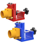Plug And Play Pocket Hole Jig Drill Guide Fixture For Cabinet Assembly And Shelf Install With No Hassle Aluminum Body shown in red and blue colors.