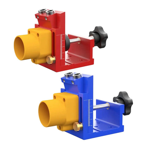 Plug And Play Pocket Hole Jig Drill Guide Fixture For Cabinet Assembly And Shelf Install With No Hassle Aluminum Body shown in red and blue colors.