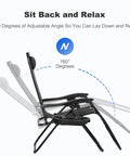 Illustration showing 160-degree recline feature of Set Of Two Adjustable Zero Gravity Relaxing Patio Chairs With Steel Mesh Frame Lockable Reclining System Pillow And Cup Holder Outdoor Chill Lounge Chairs For Deck Patio Or Beach Black.