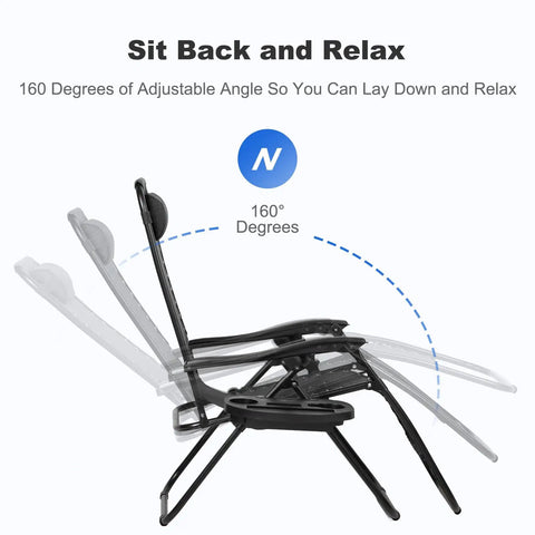 Illustration showing 160-degree recline feature of Set Of Two Adjustable Zero Gravity Relaxing Patio Chairs With Steel Mesh Frame Lockable Reclining System Pillow And Cup Holder Outdoor Chill Lounge Chairs For Deck Patio Or Beach Black.