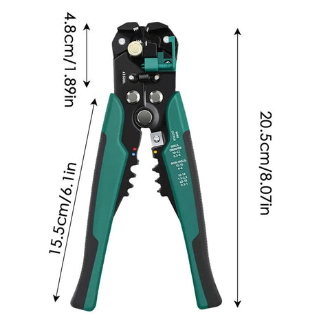 Heavy Duty Automatic Wire Stripper And Adjustable Crimping Tool For Precise Electrical Wiring, shown from the front with measurements.