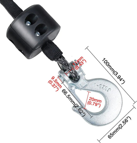 Beefy Synthetic Winch Rope Kit 1/4 Inch X 50 Ft With 10,000 Lbs Break Strength featuring steel hook and rubber stopper, black.