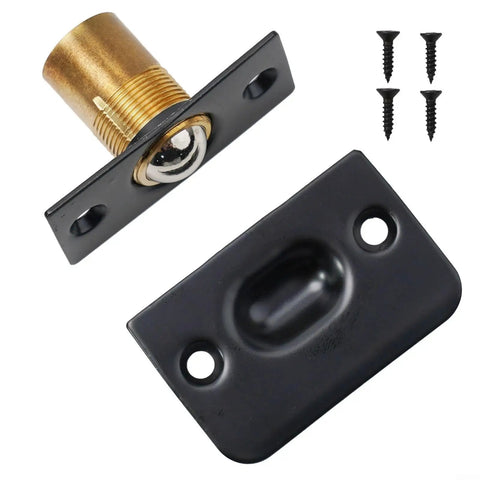 Solid Brass Roller Ball Door Catch Kit With Stainless Steel Roller, Adjustable Spring Latch, Strike Plate, Screws, Black Finish