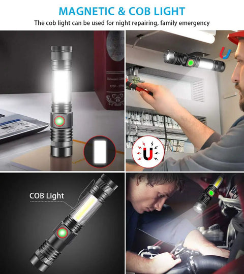 Rechargeable LED Flashlight With Strong Magnetic Tail COB Work Light used in garage highlighting its magnetic feature