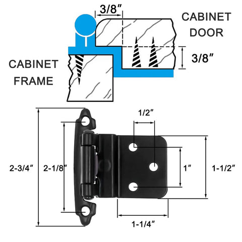 Diagram of 30 Pack Inset Kitchen Cabinet Hinges For Face Frame Cabinets, Matte Black, Three Eighths Inch Self Closing Cupboard Hinges.