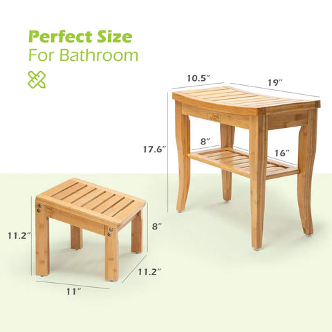 Bamboo Shower Bench With Foot Stool, 2 Tier Wood Spa Bath Organizer Seat With Underneath Storage Shelf dimensions.