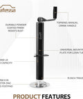 Pafessa RV A-frame tongue jack; top-wind manual crank, black powder-coated body, 15in travel, 2000lb lift, zinc footpad