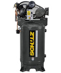 Heavy Duty Two Stage Vertical Air Compressor With Built Tough Cast Iron Construction And Five Horsepower Single Phase Motor Delivering 175 Psi Output, grey tank with top-mounted motor.