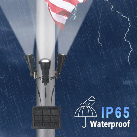 Lit 1000 Lumen Solar Flag Pole Light 5 In 1 Outdoor LED on pole in rain, waterproof IP65 rating, fits 2 to 6 inch flag pole