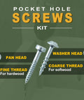 Pocket Hole Screws Kit 300 Pieces, 6 Size Assortment With Coarse And Fine Thread, showing pan and washer head options.