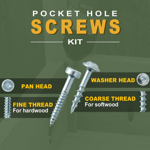 Pocket Hole Screws Kit 300 Pieces, 6 Size Assortment With Coarse And Fine Thread, showing pan and washer head options.