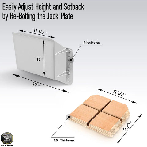 4 Inch Setback Jack Plate For Outboard Motors Up To 35 HP Cast Aluminum With Wooden Mounting Block Manual Transom Jack Plate, dimensions shown