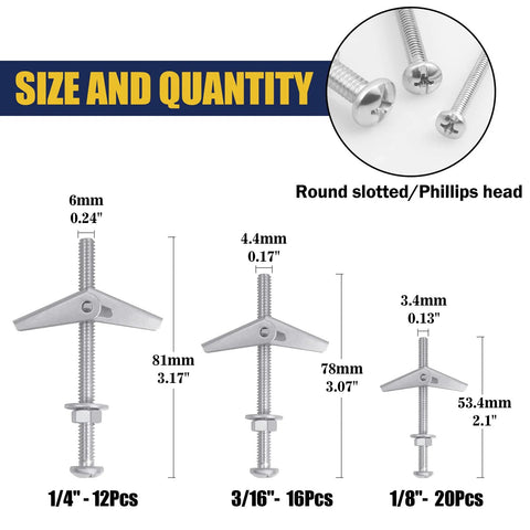 Toggle Bolts Assortment Kit 48 Sets For Drywall Including One Quarter Inch, Three Sixteenths Inch And One Eighth Inch Butterfly Anchors With Matching Wing Nuts, Hex Nuts And Washers For Secure Picture And Mirror Hanging shown with size dimensions