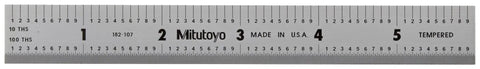 Pro Grade Compact Dual Scale Steel Ruler 6x150mm With Inch And Metric Graduations For Precision Measuring, 0.10 Inch And 0.01 Inch, 1mm And 0.5mm Steps, Satin Chrome Finish, Three Sixty Fourths Of An Inch Thick, Three Quarters Of An Inch Wide, steel ruler close-up