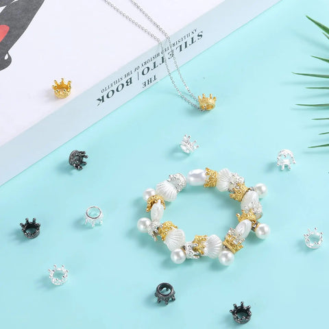 Bracelet with Mini Crown Beads 60 Pcs Set for DIY Jewelry Making Gold Silver Black 3D Alloy Crown Charms Large Hole Spacer Beads